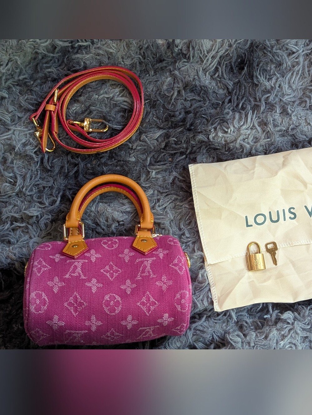 Louis Vuitton Blue Denim Mini Satchel with Tan Handles and Gold Hardware - Picture 7 of 10
